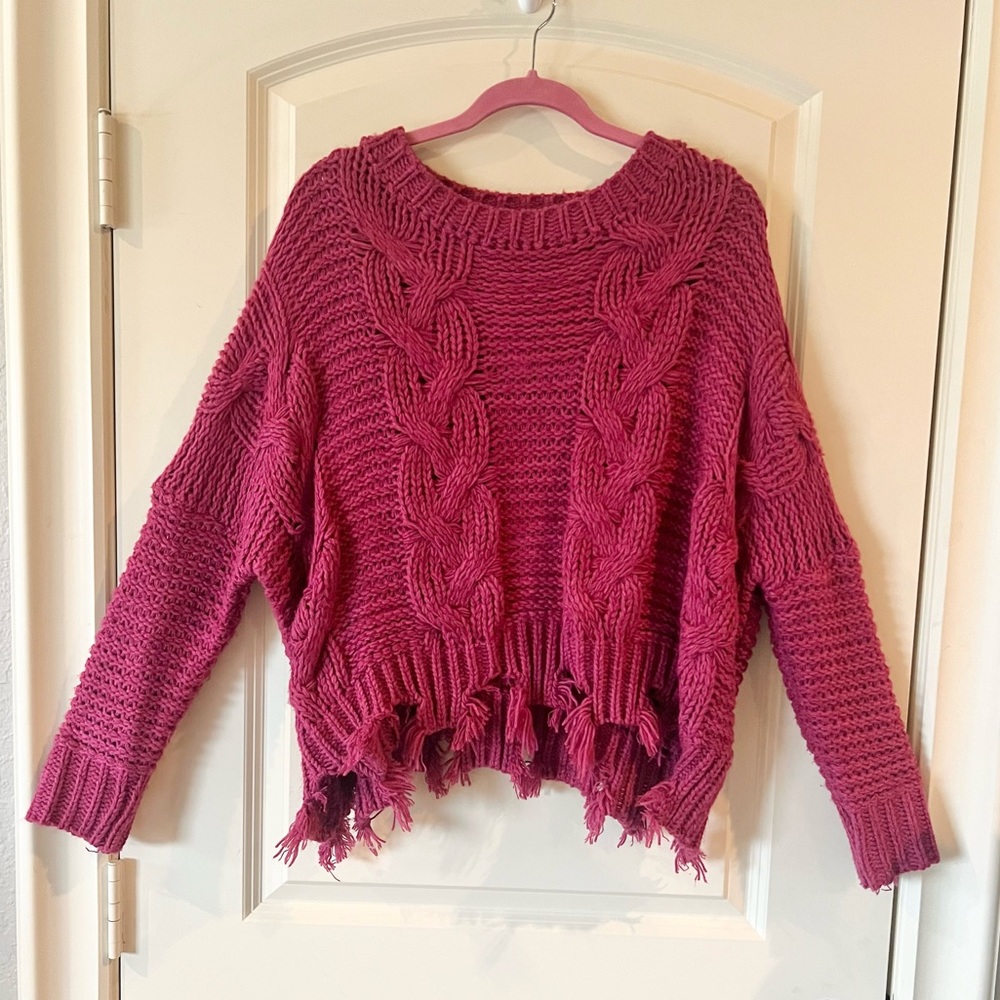 She + Sky Distressed Cable Knit Sweater hot pink